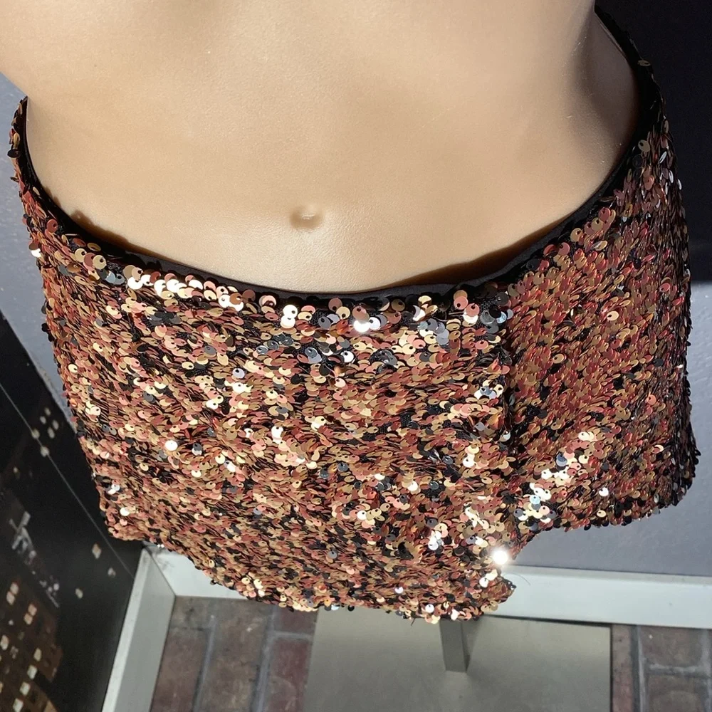 FREE PEOPLE - NWT - skirt: bronze lined sequined w front slit & rear zipper - 12 - Picture 10 of 16